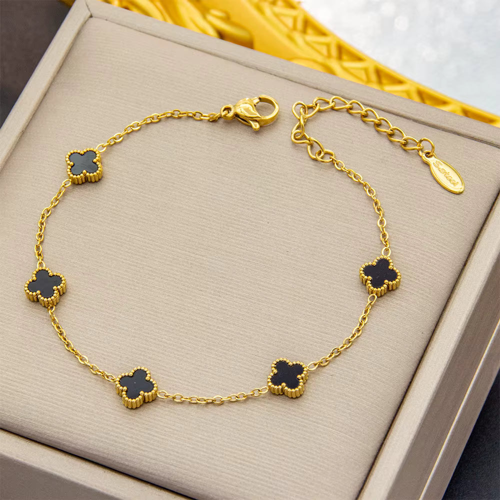 18k Gold Non Tarnish Waterproof Adjustable Chain Lucky Four Leaf Clover Bracelet