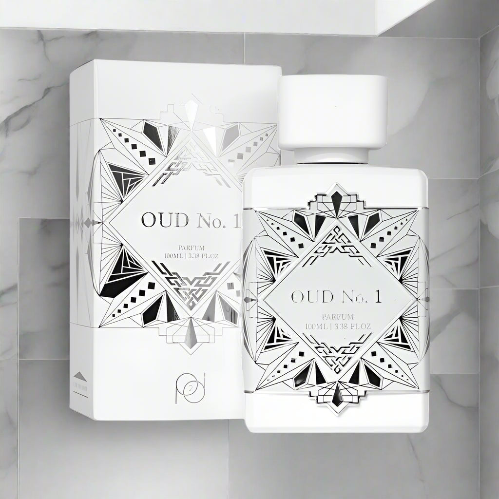 Oud No. 1 perfume bottle and packaging with geometric design on a white background