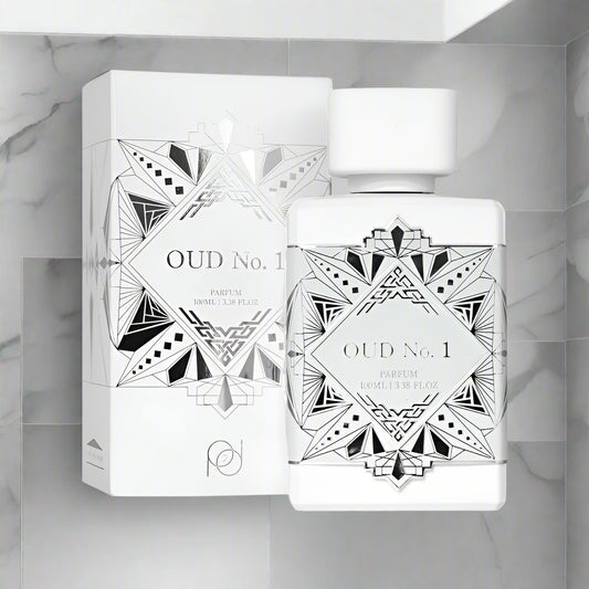Oud No. 1 perfume bottle and packaging with geometric design on a white background
